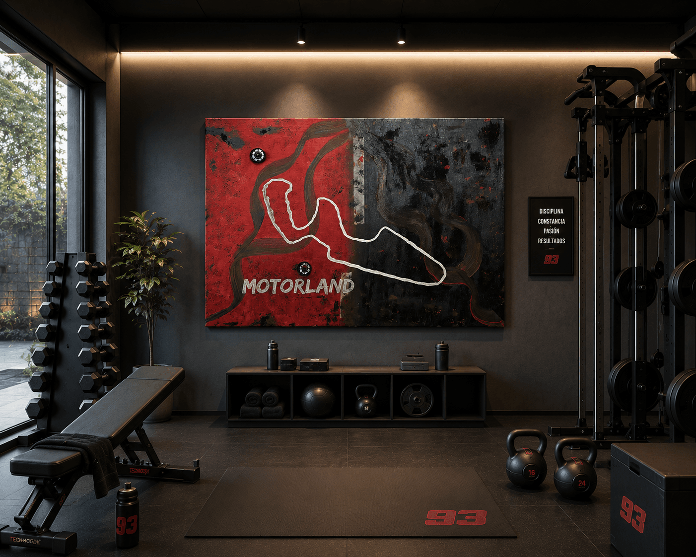 Gimnasio moderno con equipo negro, cuadro de circuito Motorland y detalles decorativos en rojo.