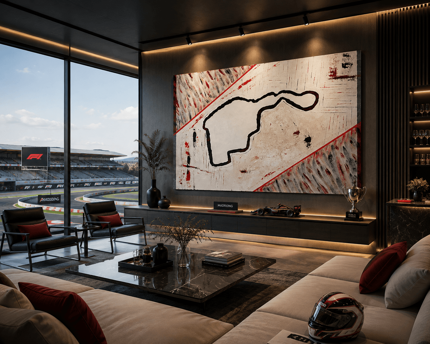 Elegante salón con temática de Fórmula 1, arte abstracto y vistas panorámicas al circuito.