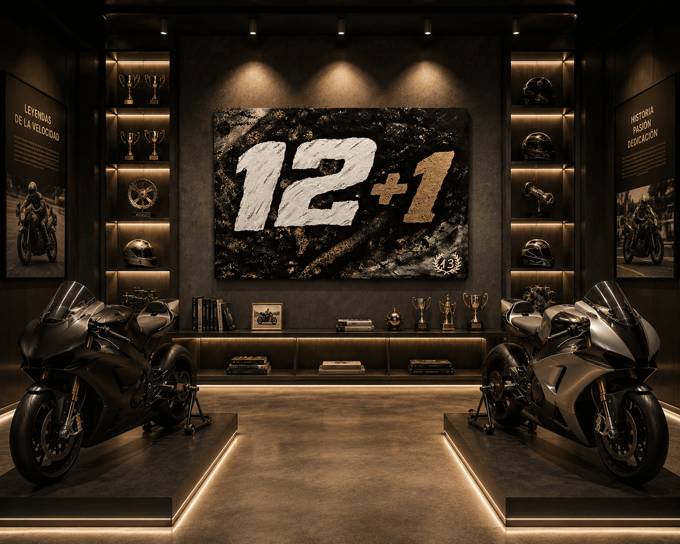 Dos motocicletas deportivas en una sala de trofeos con un cuadro de 12+1.