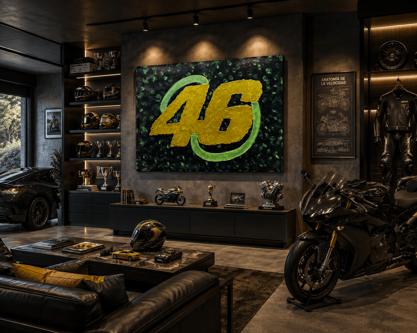 Garaje de lujo con cuadro del número 46, moto deportiva negra y estanterías con trofeos.